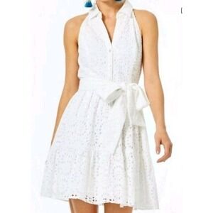 Lilly Pulitzer Trisha Eyelet White Short Dress Sz 0 Halter Neck Lined Bridal Tie